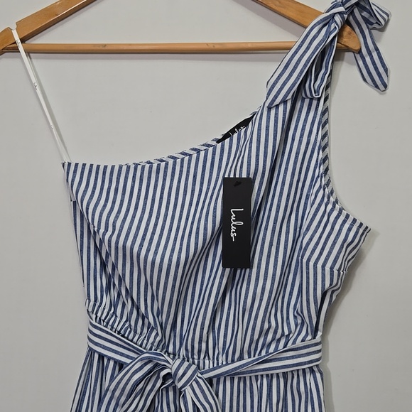 Lulu's Gleeful Getaway Nautical Striped Linen One Shoulder Midi Dress Size S - Picture 10 of 16